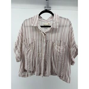 April Kiss Striped Linen Blend Short Sleeve Cropped Shirt, Women Sz XL S167
